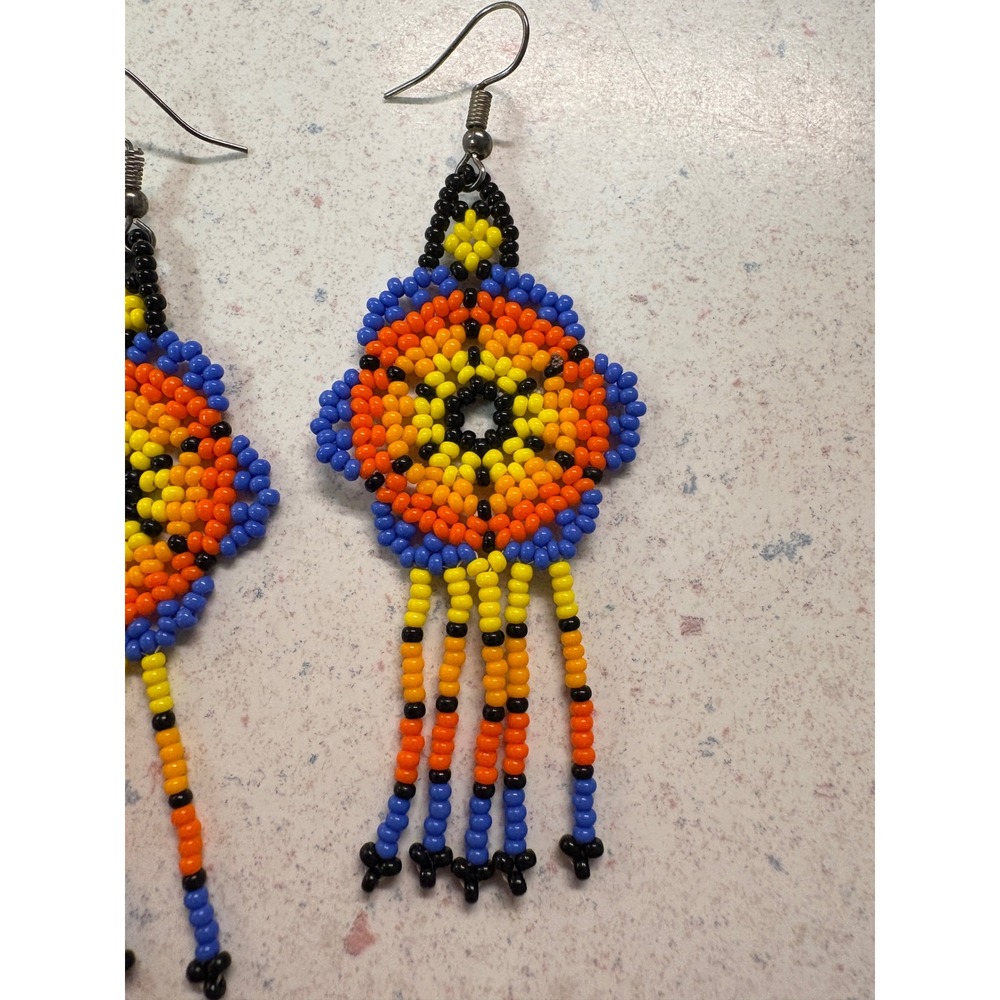 Handmade Peruvian Beaded Tassel Earrings Colorful Geometric Boho Dangle Jewelry - Picture 2 of 5